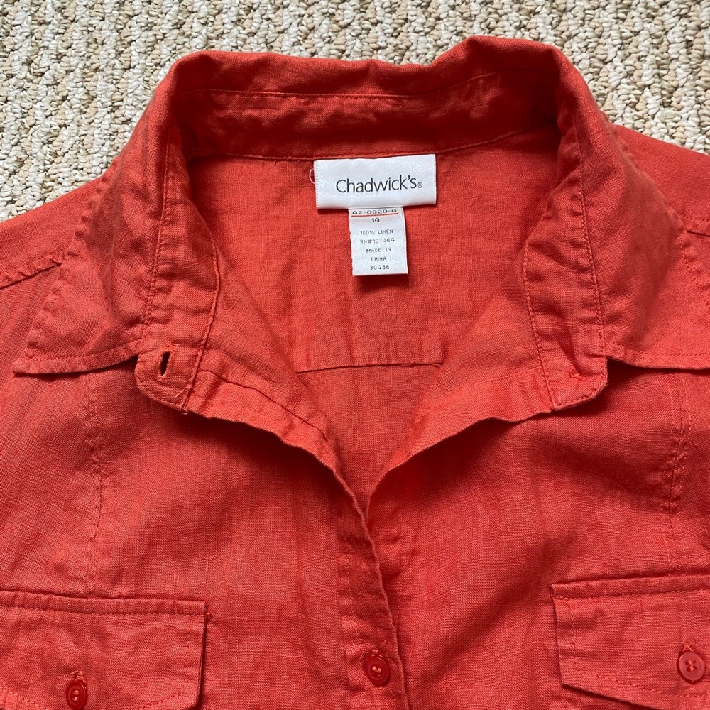CHADWICK’S | 100% Linen Coral Button Down Shirt Size 14 - Picture 9 of 10